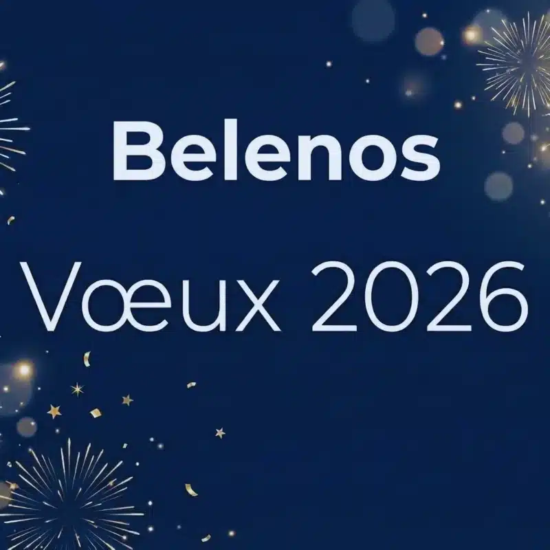 arte de vœux 2026 Belenos sur fond bleu marine (#001a47) avec motifs festifs et texte Vœux 2026 pour les professionnels de santé.