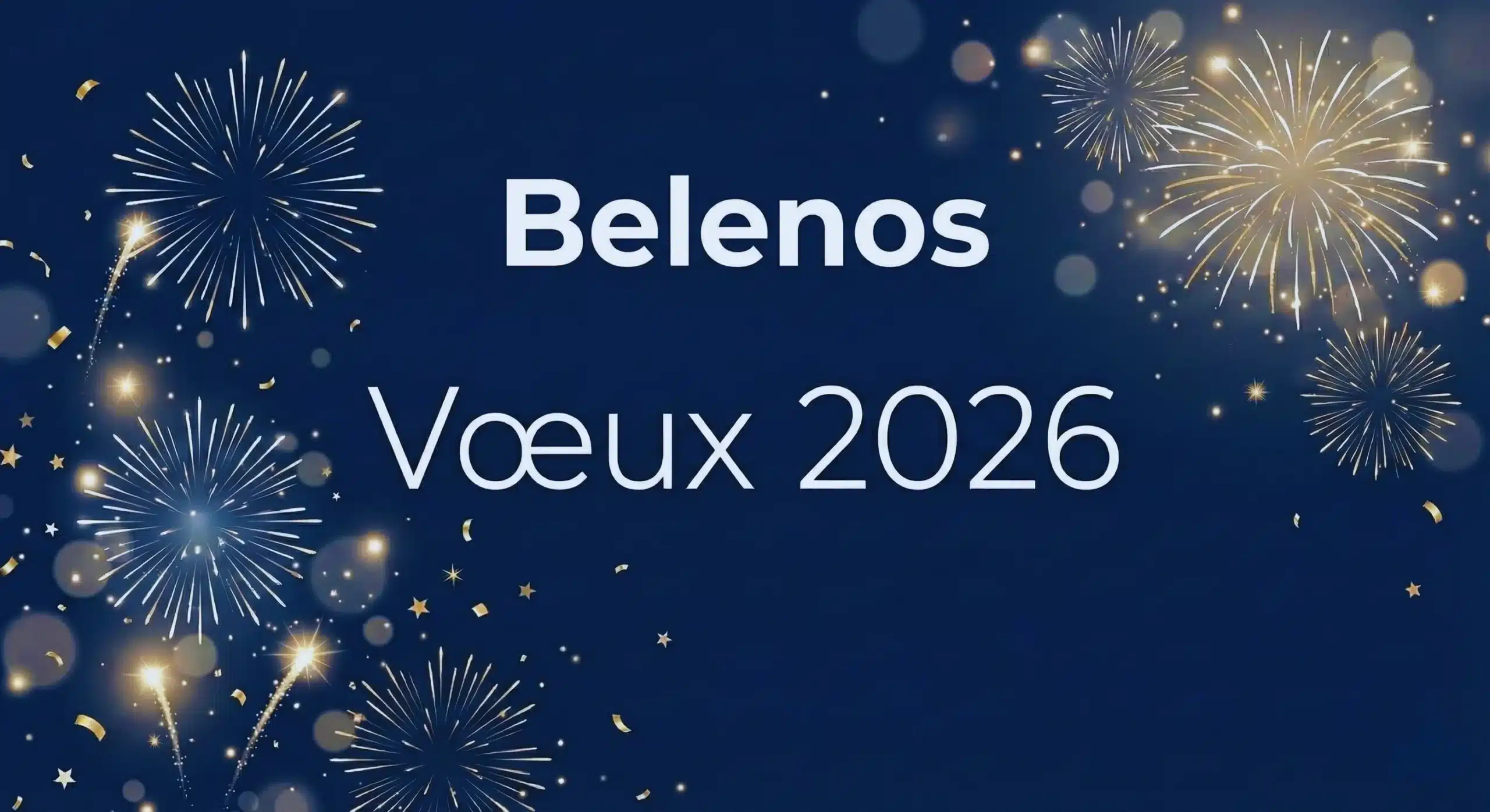 arte de vœux 2026 Belenos sur fond bleu marine (#001a47) avec motifs festifs et texte Vœux 2026 pour les professionnels de santé.