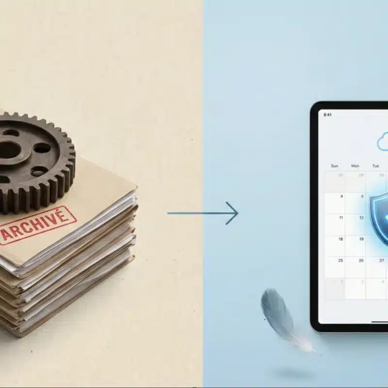 Illustration en deux parties montrant la transition numérique. À gauche, sur un fond beige, une pile de dossiers papier "ARCHIVÉ" .