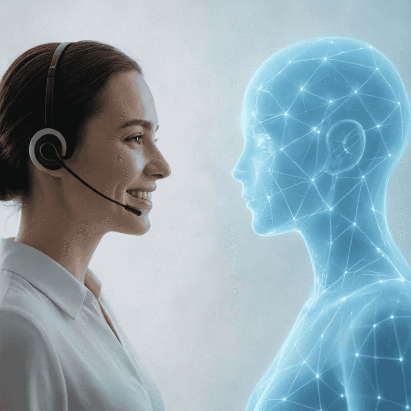 Télésecrétaire médicale souriante avec casque face à un hologramme d'intelligence artificielle santé.