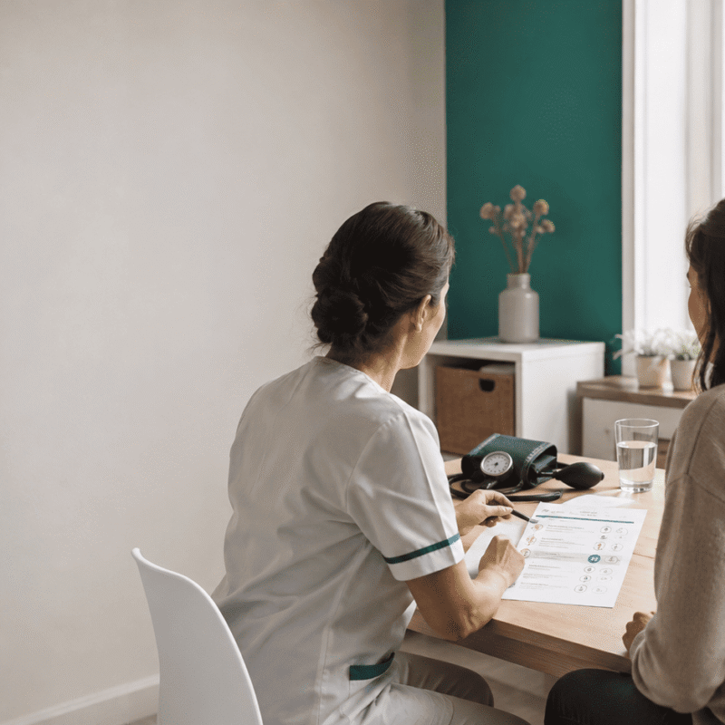 A healthcare professional in a plain light-coloured tunic sits at a small desk beside a patient, both seen from behind and in three-quarter profile so that no face is identifiable.