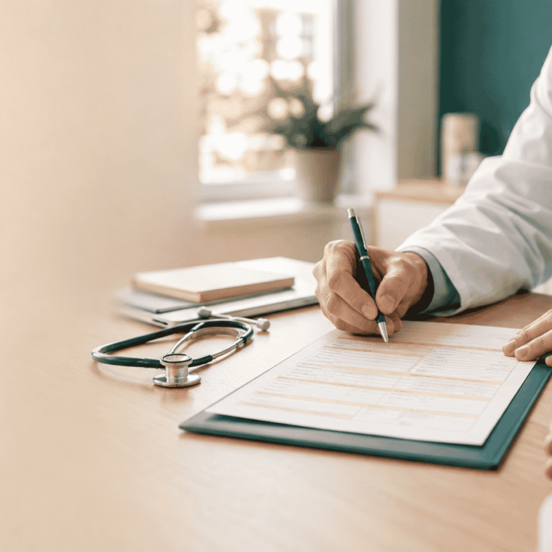 A calm French general practitioner's consultation room, doctor's hand writing on a paper medical form (avis d'arrêt de travail style document, no legible real text), patient's hands visible across the desk in soft focus