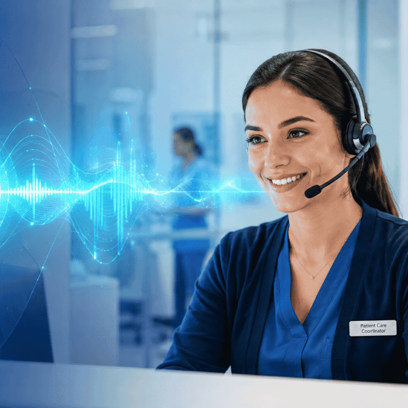 a warm, professional human medical secretary wearing a sleek headset, smiling gently