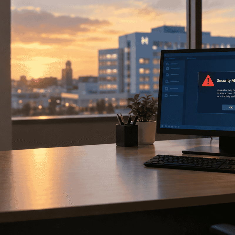 modern hospital administrative office at dusk, a computer screen showing a security alert dialog, warm natural lighting through a window