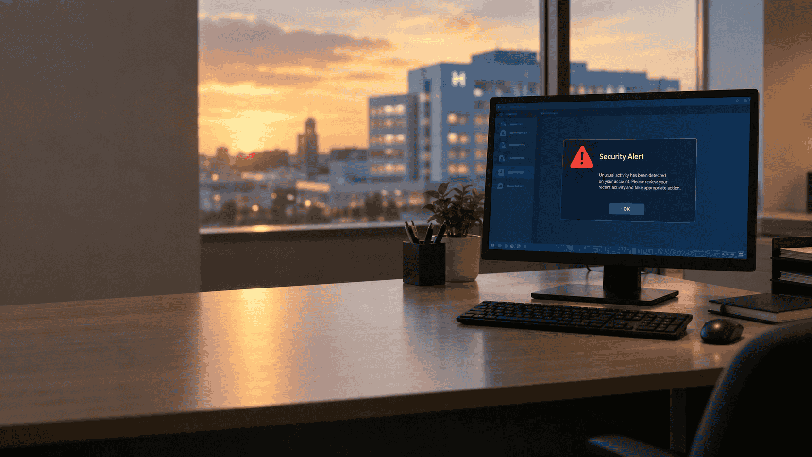 modern hospital administrative office at dusk, a computer screen showing a security alert dialog, warm natural lighting through a window