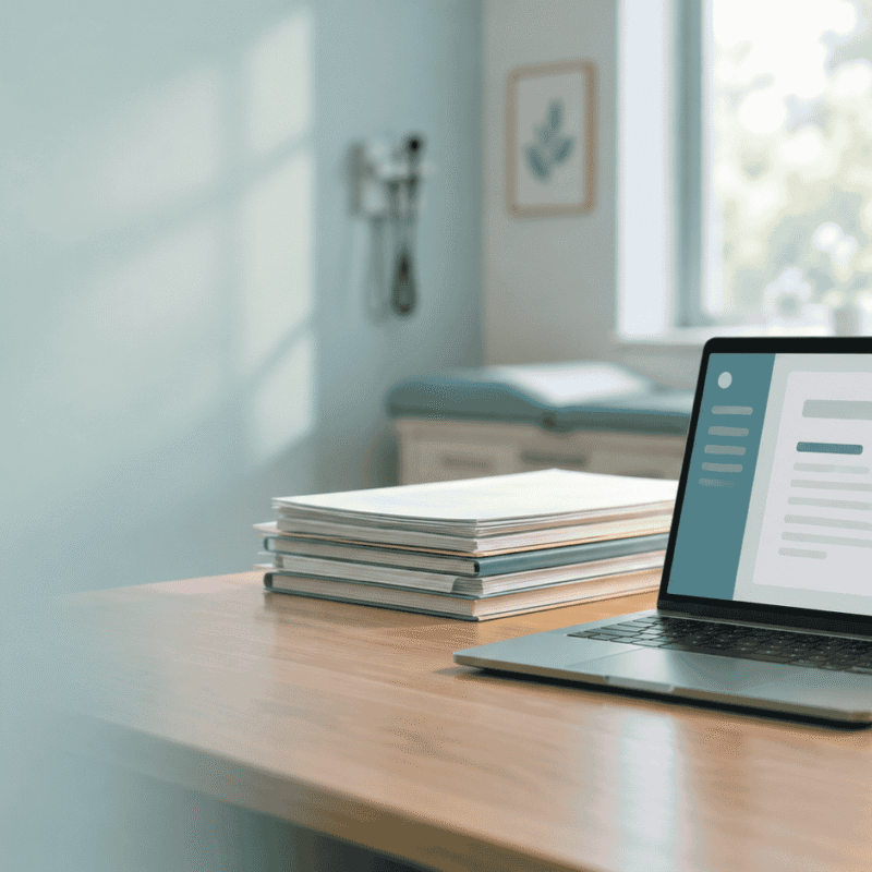 a laptop screen showing a simple abstract invoice/document interface